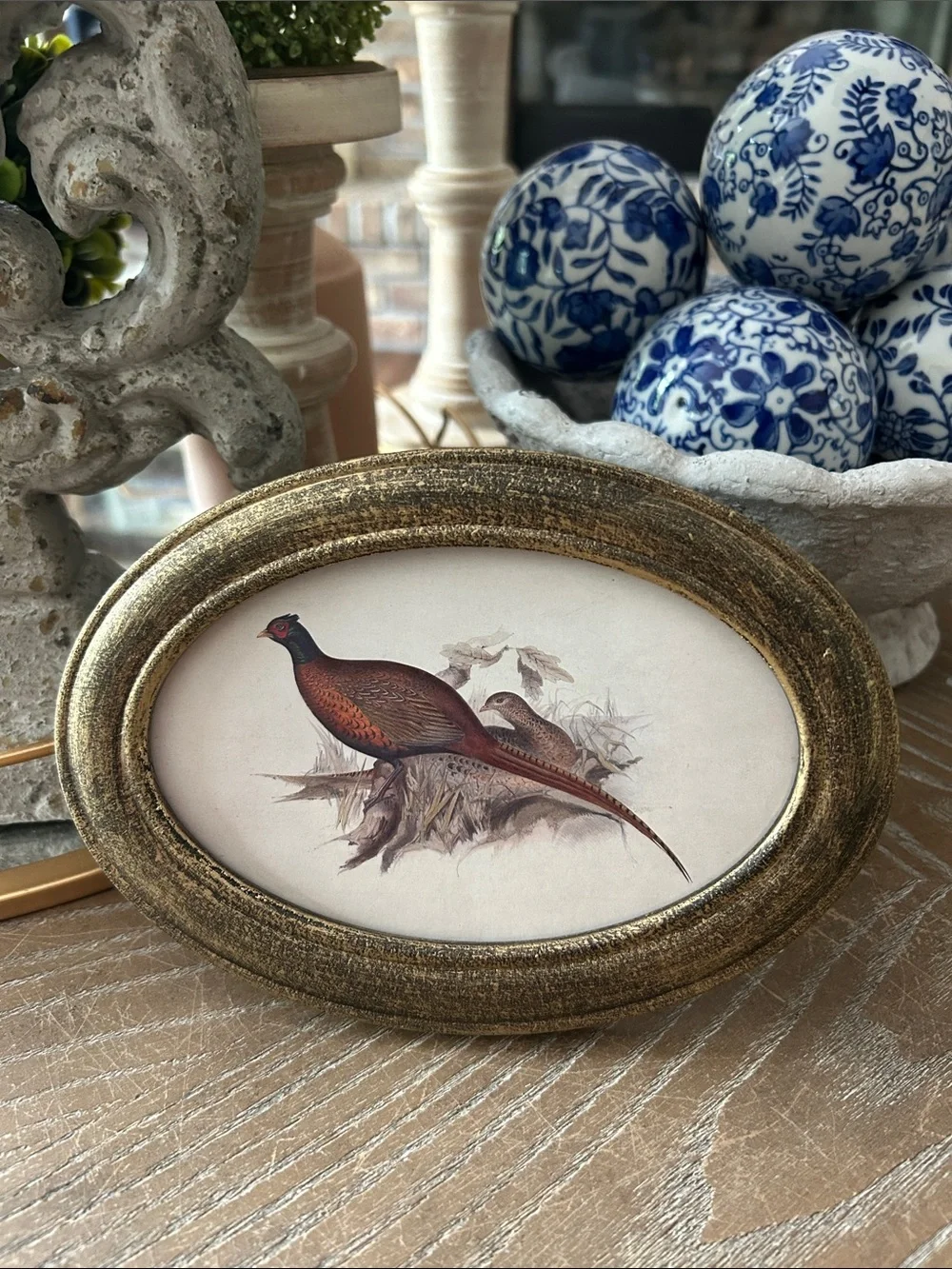 NEW! Vintage Inspired Shabby Chic Fall Harvest Gold Oval Framed Pheasant Print